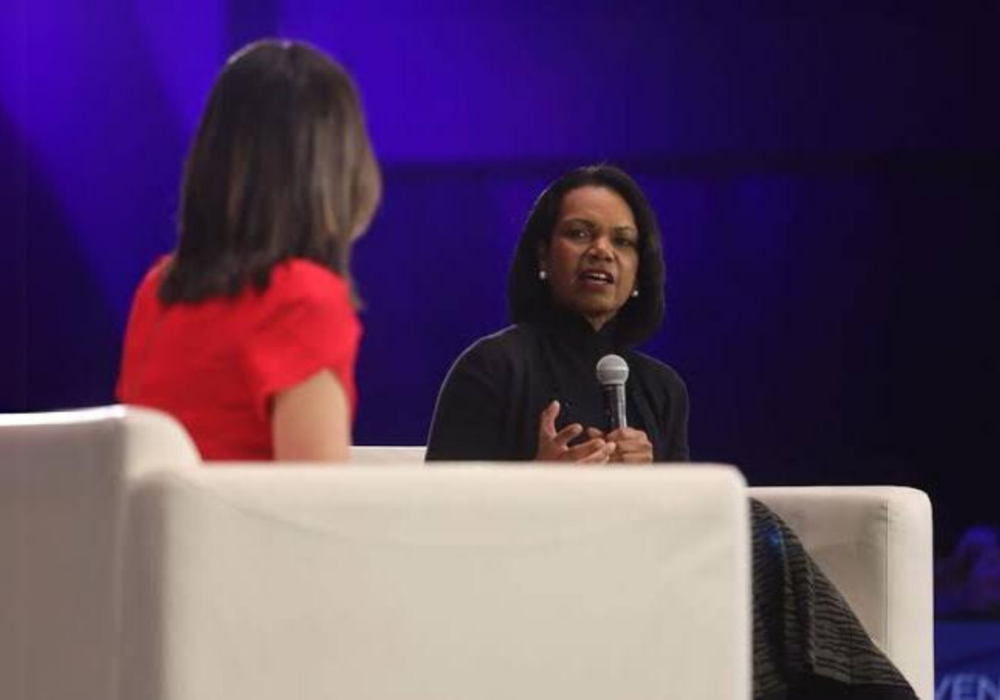 Holly Ransom interviewing Condoleezza Rice on stage