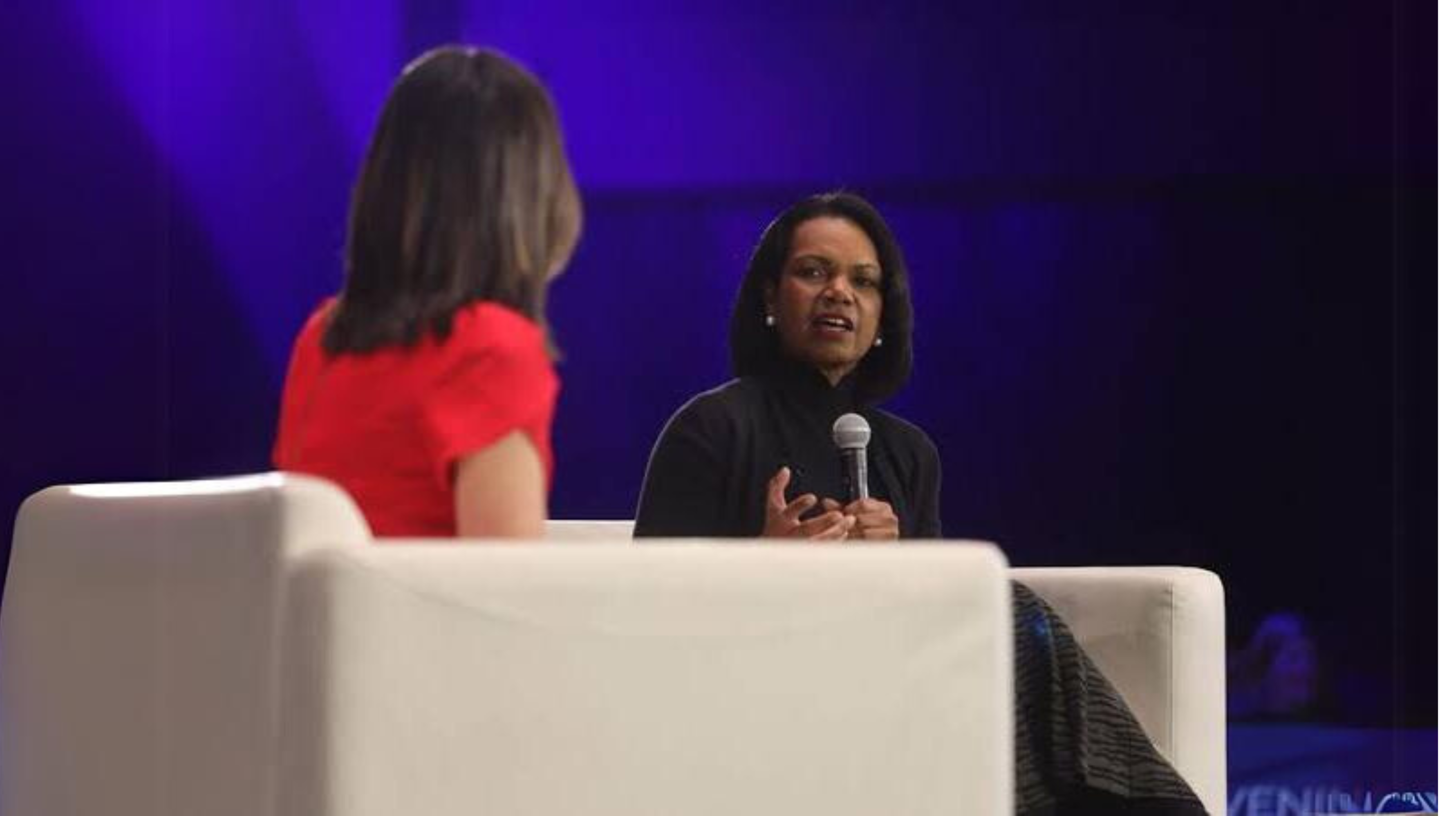 Holly Ransom interviewing Condoleezza Rice on stage